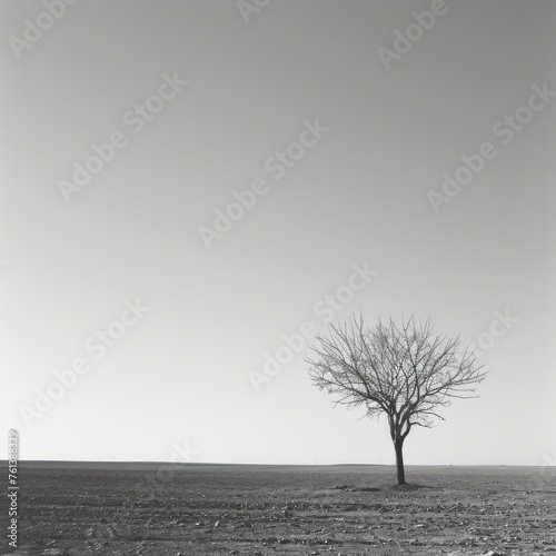 A solitary leafless tree stands in an open field, a stark and poignant image that could be used for environmental messages or as an artistic statement on solitude. © Ярослава Малашкевич