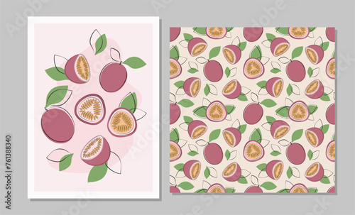 Fruit set in flat design. Seamless pattern and poster with passion fruit and leaves for fabric, cards, wallpaper in simple style.Vector illustration.
