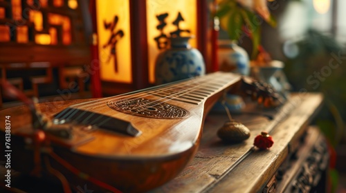 a traditional Chinese string instrument on a wooden table with cultural decorations in the background, perfect for a music-themed editorial or cultural heritage promotion. photo