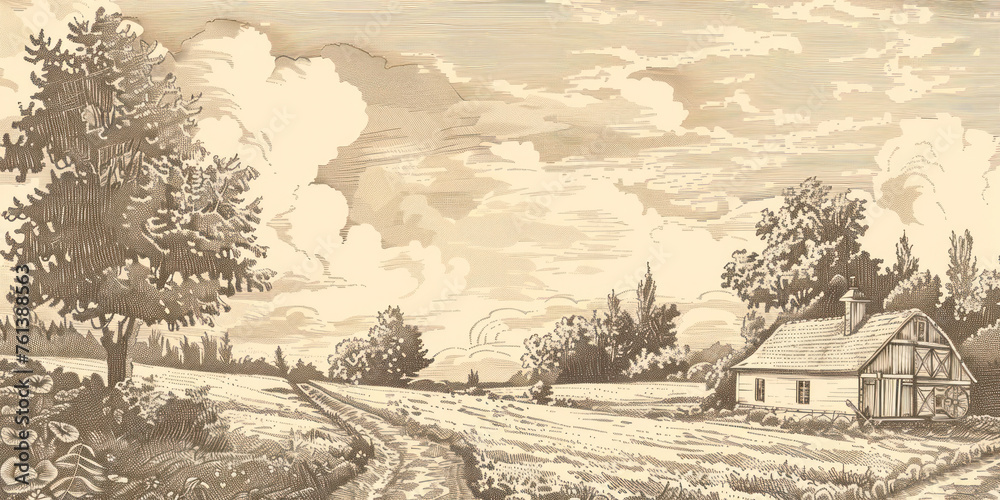 Rural landscape with a farm in engraving style. Hand drawn Illustration.