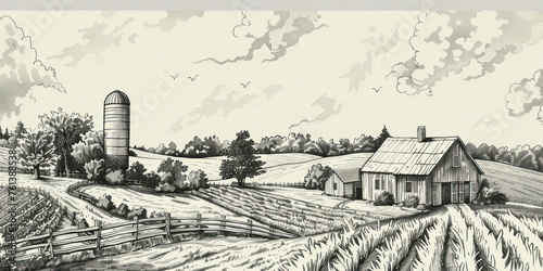 Rural landscape with a farm in engraving style. Hand drawn Illustration.