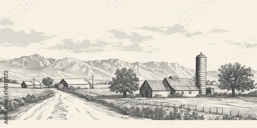 Rural landscape with a farm in engraving style. Hand drawn Illustration.