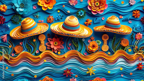 May 5. Mexican holiday background with Sombreros hats, Floral and Ocean blue Wave