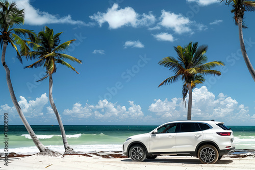 White luxury SUV parked on a tropical beach with palm trees for rental a car.