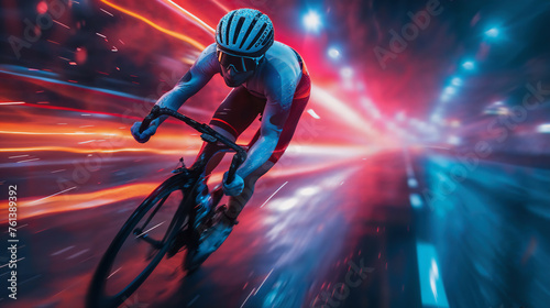 Cyclist in motion at high speed with futuristic lighting effects