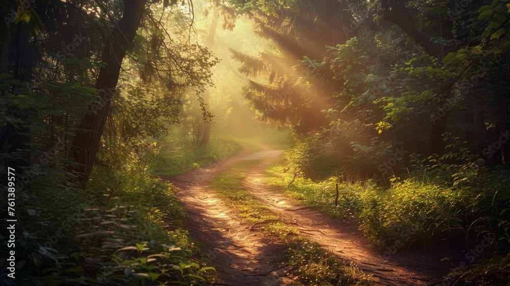 Obraz premium A path leading through a sunlit forest, dappled light creating patterns on the ground.