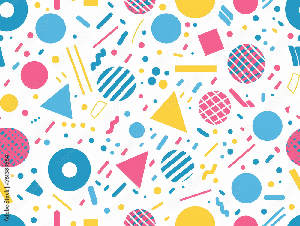 A colorful pattern of shapes and circles on a white background