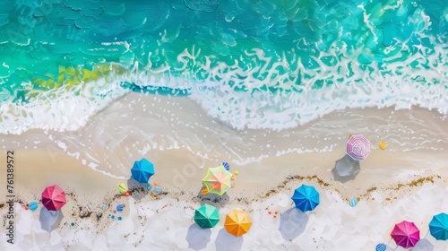 A vibrant beach scene, with colorful umbrellas dotting the white sand and turquoise waves gently crashing. 
