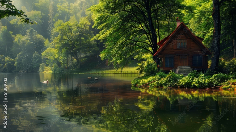 A quaint summer cottage by a lake, surrounded by nature's tranquility.