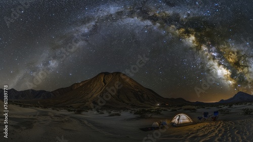A star-gazing camp in the desert, the Milky Way arching over a summer night. 