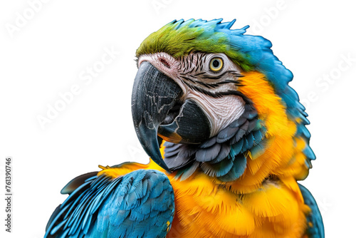 A portrait of a blue and yellow macaw with its beak open, isolated on transparent background, png file.
