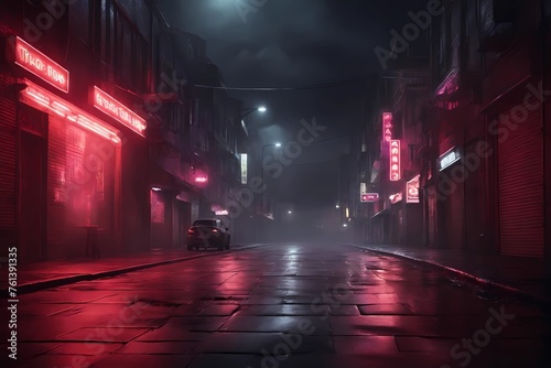 "Dark street scene with neon lights, spotlights, and floating smoke on red background. Atmospheric and mysterious. 