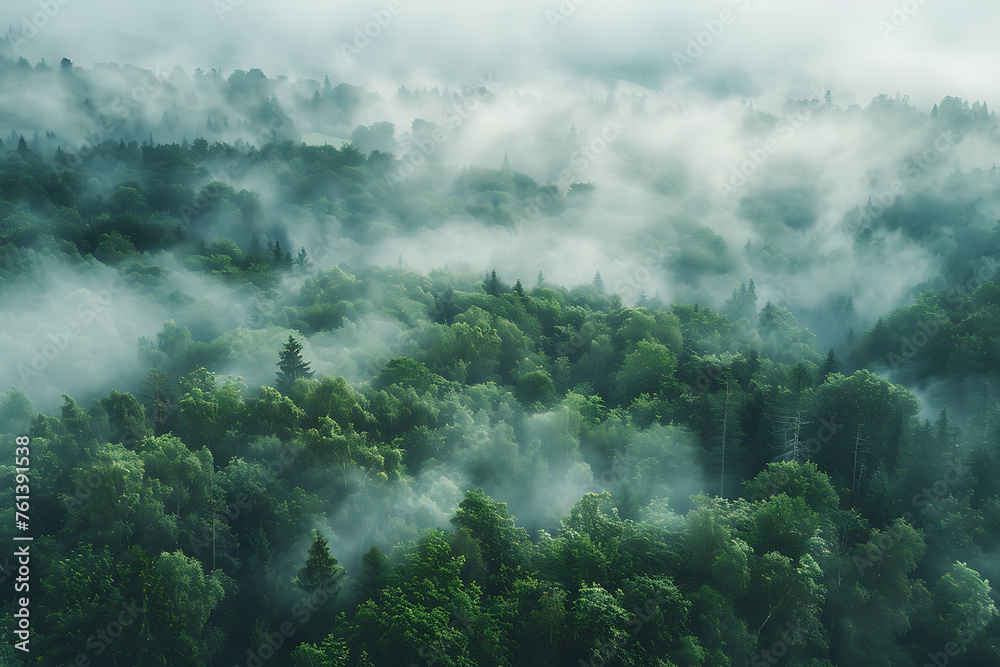 A captivating aerial view of a forest shrouded in fog, evoking a sense of mystery and tranquility in nature's embrace A captivating aerial view of a forest shrouded in fog, evoking a sense of mystery and tranquility in nature's embrace