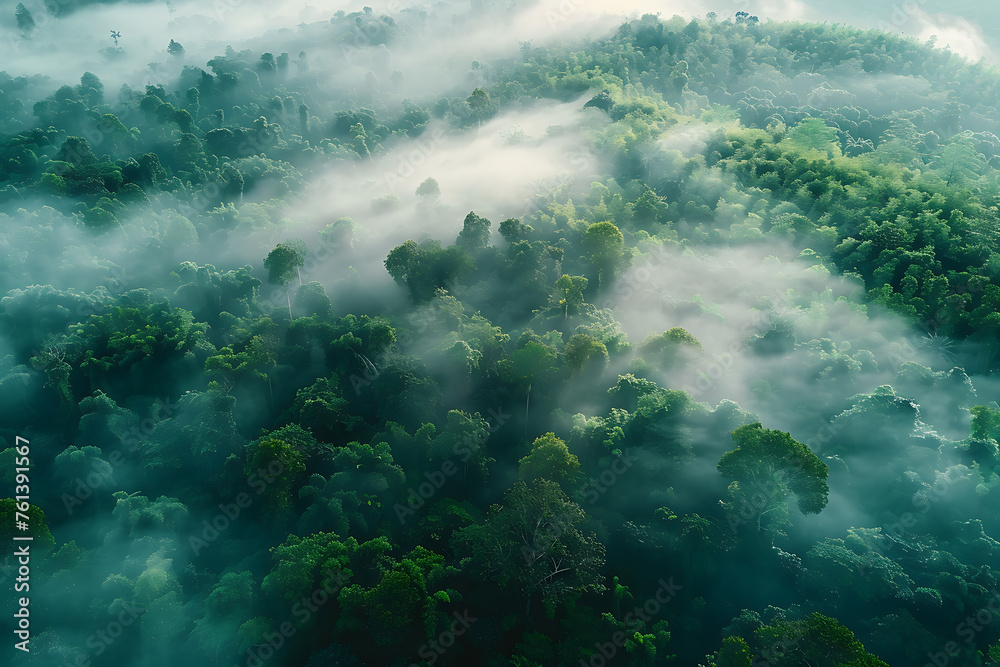A captivating aerial view of a forest shrouded in fog, evoking a sense of mystery and tranquility in nature's embrace