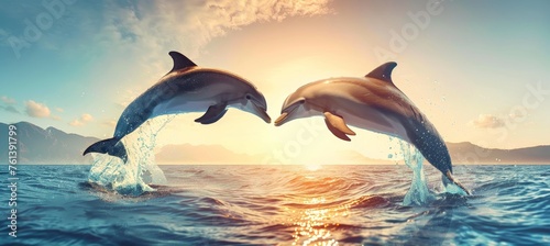Graceful dolphins leaping in heart shape from crystal clear ocean waters under tropical sun © Ilja