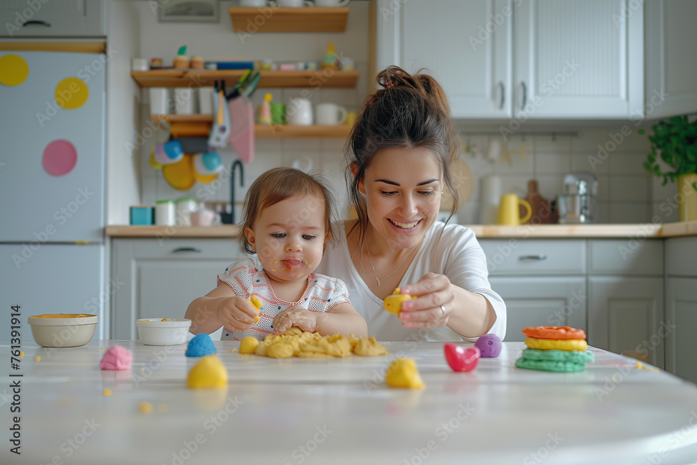 Fototapeta premium Mother and baby playing with dough in the kitchen at home