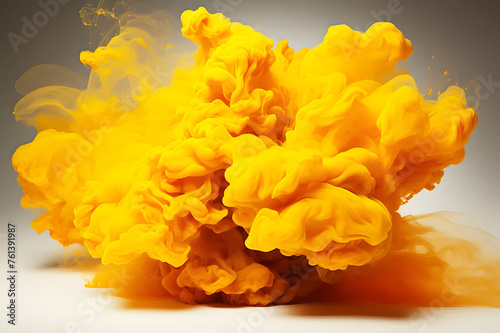 Explosion of yellow powder produced gray mixed smoke on grey background. Splashing paint is an art. Smoke spread throughout area. Background Abstract Texture.