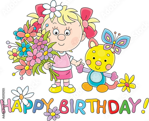 Birthday card with a happy little girl holding a funny toy cat and a beautiful bouquet of colorful summer flowers, vector cartoon illustration on a white background