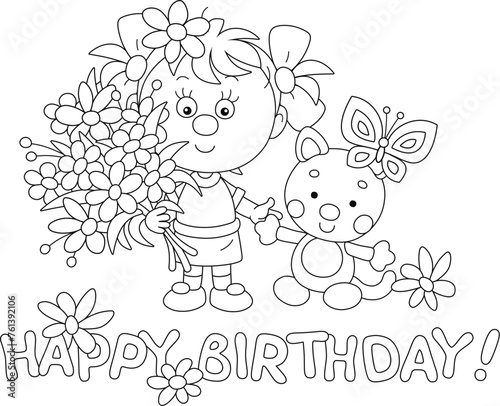 Birthday card with a happy little girl holding a funny toy cat with a butterfly and a beautiful bouquet of summer flowers, black and white outline vector cartoon illustration for a coloring book
