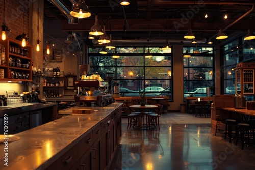 Warmly Lit Coffee Shop Interior During Evening Hours