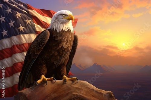 A North American bald eagle with an American flag, a symbol of freedom and independence, a space for text. A patriotic concept. © Наталья некрасова