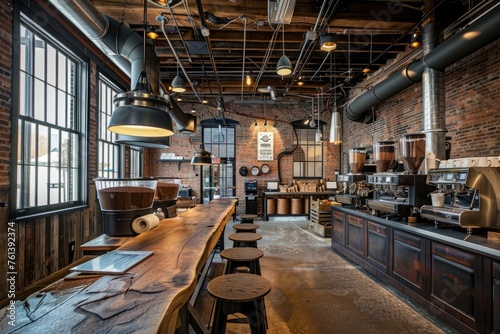 Modern Roastery Interior Featuring Exposed Brick, Wood, and Industrial Fixtures © Ilia Nesolenyi