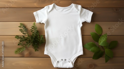 Spotless white onesie mockup on wood surface background. Green fern and leafy branches. Eco friendly bodysuit baby clothing flat lay. Blank romper template apparel. Babyhood concept image