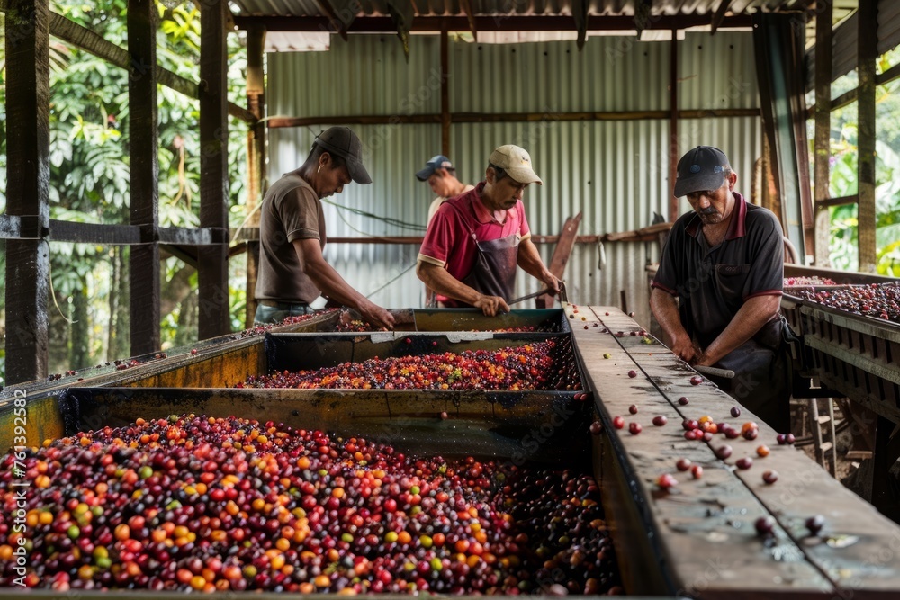Harvested Coffee Cherries on Conveyor, Vibrant Plantation Scene