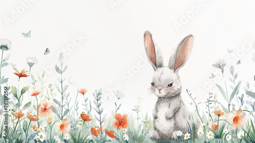 happy easter rabbit or bunny and easter egg , greeting card, copy text space
