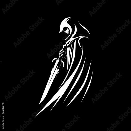 film noir logo of a large cloaked killer with a sharp knife over a black background сreated with Generative Ai