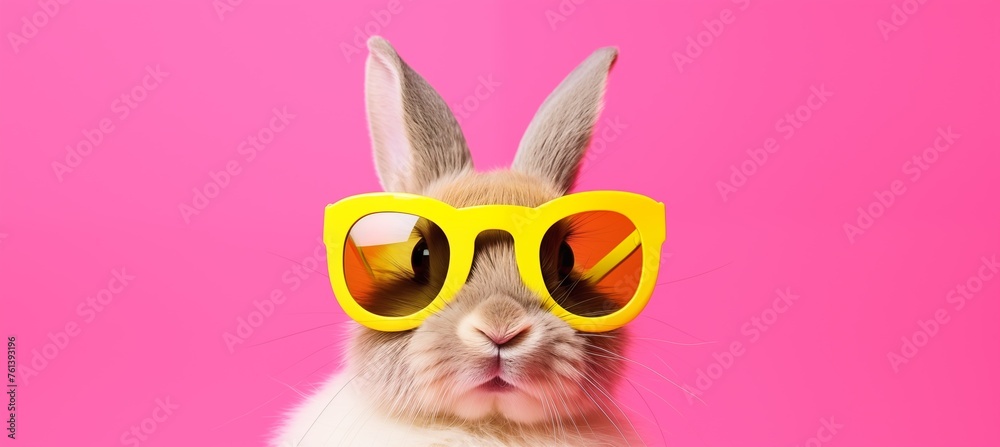 Funny easter concept holiday animal celebration greeting card - Cool easter bunny, rabbit with pink sunglasses, isolated on background
