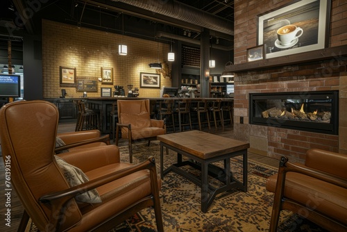Elegant Coffee Shop Lounge with Brick Walls and Fireplace