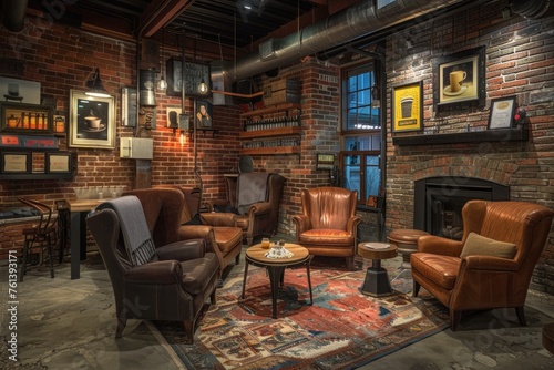Cozy Coffee Shop Corner with Rustic Decor and Fireplace