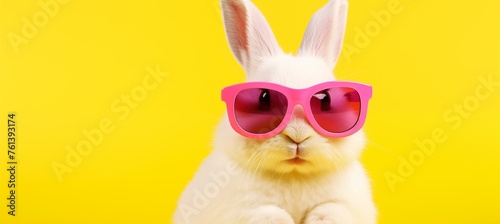 Funny easter concept holiday animal celebration greeting card - Cool easter bunny, rabbit with pink sunglasses, isolated on background