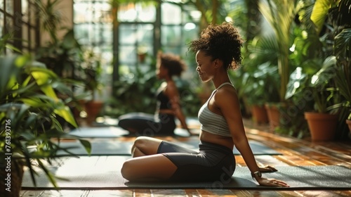 Woman Sitting on Yoga Mat Surrounded by Potted Plants