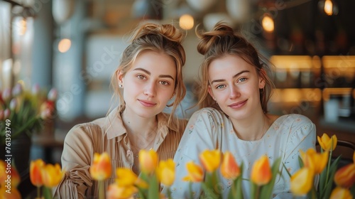 Two Women Holding Flowers