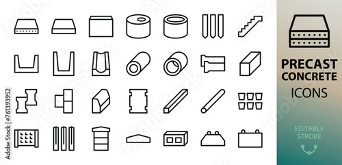 Precast reinforced concrete isolated icons set. Set of concrete slab, drainage tray, well ring, culvert pipe, road kerb, paving slabs, foundation block, concrete piles, fence panel, power pole icon