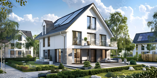 Beautiful large modern house and energy solar panels glossy windows sunshiny background photo
