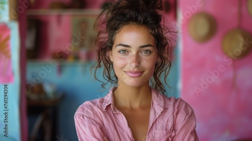 Woman in Pink Shirt Posing for a Picture