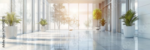 Banner with blurred business office background. Lobby reception hall interior or empty indoor foyer meeting room with light from glass wall window photo