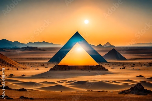 surreal  futuristic pyramid glowing  on desertic planet