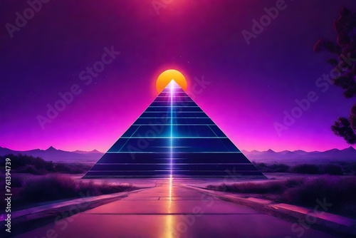 vintage purplre retrowave pyramid glowing  on desertic planet photo