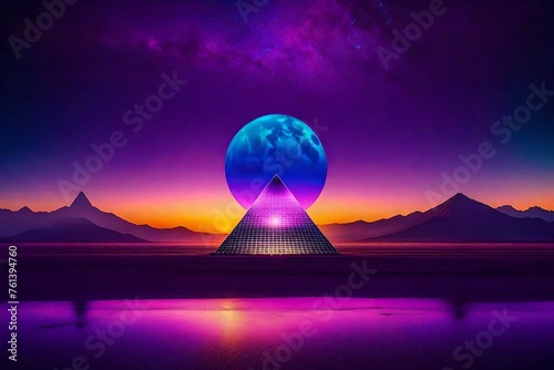 vintage purplre retrowave pyramid glowing  on desertic planet