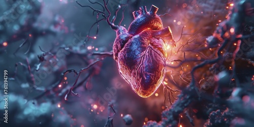Autoimmune myocarditis ignites heart muscle with multicolor neon visualization. photo