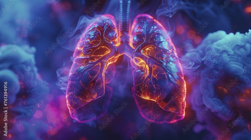 Churg Strauss Syndrome Vasculitis and Asthma. Neon Multicolor Art of Respiratory Disorder. - obrazy, fototapety, plakaty 