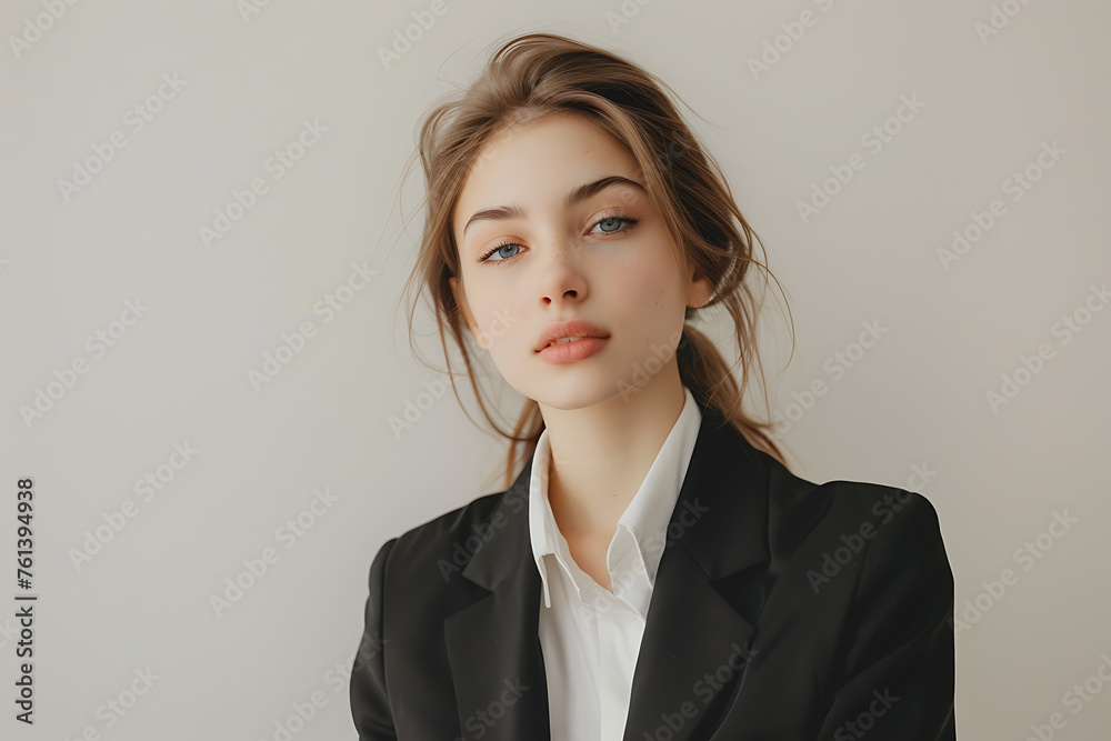A professional young woman in a stylish business suit, exuding confidence and competence.