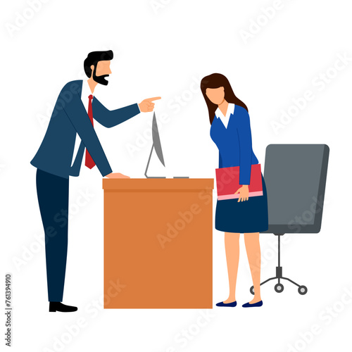 Angry boss blaming his female employee at work place in flat design. Bossy businessman.