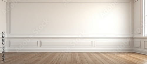 A rectangular room with beige walls and hardwood flooring made of wooden planks. The floor is stained in a warm wood tone  creating a cozy atmosphere
