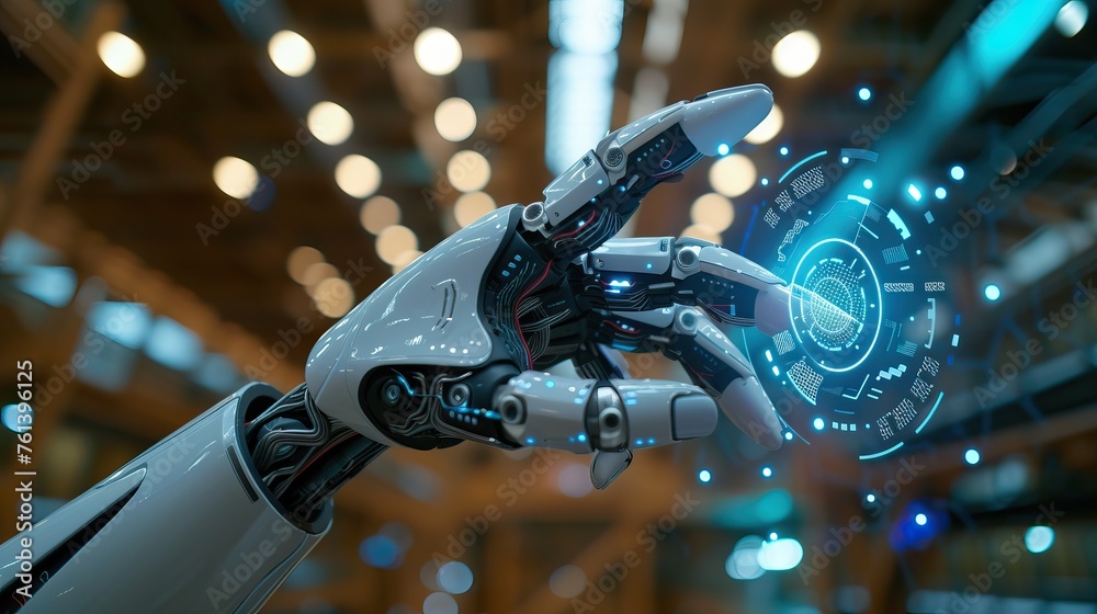 Fototapeta premium Witness the marriage of innovation as a robotic hand interacts with a captivating futuristic interface in this intriguing image.