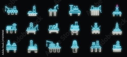 Sea drilling rig icons set outline vector. Oil industry. Power platform neon color isolated